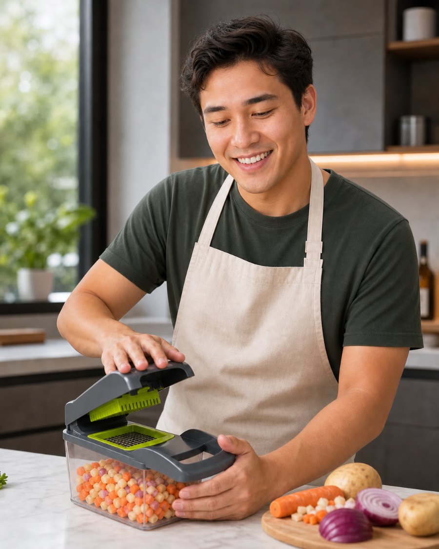 Smiling man in an apron using the grey vegetable chopper in a bright kitchen, its container full of diced vegetables