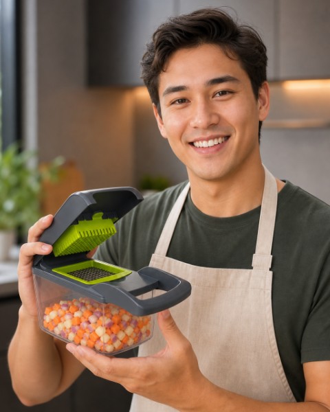 Sun, founder of Sherphines Wonders, holding the Pro Vegetable Chopper